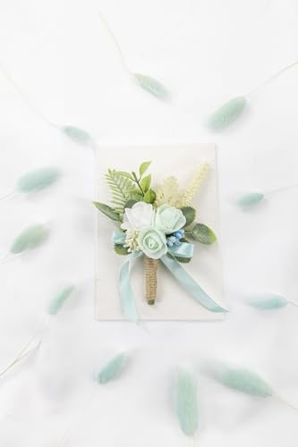 Turquoise White Corsage and Boutonniere Set Wrist Corsage Wristlet for Prom Groom Flower Boutonniere for Men Wedding Party Homecoming Accessories Suit - color: Turquoise White