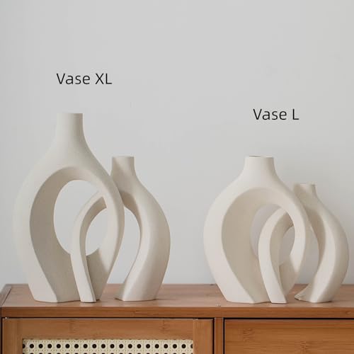 Liotww Extra Large Hollow Nordic Modern Ceramic Vases Set of 2, Milky White Aesthetic Round Donut Boho ins Style Flower Decorative Vase for Room Home Book Shelf Table Decor (Matte W 8" X H 11") - color: Super Large-matte Milky White