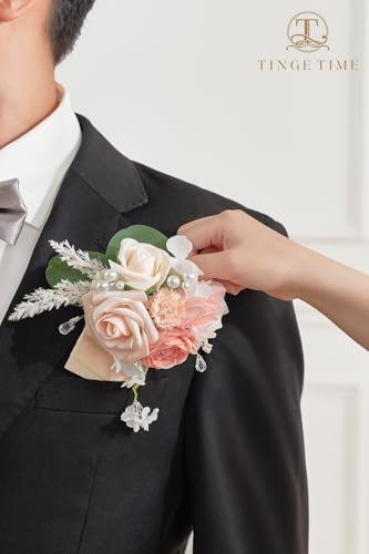 TINGE TIME Boutonniere for Men Wedding,Groom and Best Man Boutonniere for Wedding, Prom, Homecoming, Anniversary, Graduation, Christmas Dinner (1, Champange&Pink) - color: Champange&pink