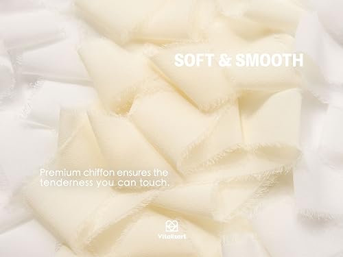 Vitalizart White Handmade Chiffon Silk Ribbon Fringe 1.5" x 21 Yd Frayed Edges Ribbons for Wedding Invitations Bridal Bouquets Gifts Wrapping Crafts Holiday Party Decorations - color: Cream & Off White