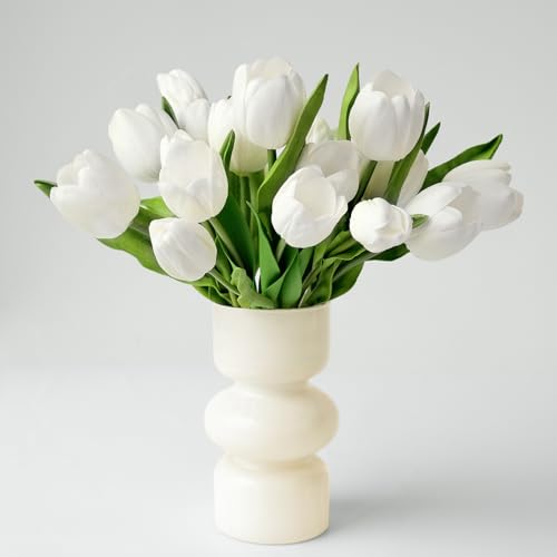 ZYTUYO 20 PCS Fake Tulips White Artificial Flowers 13" Real Touch Tulips Mix Tulip Bulbs Wedding Bouquet for Xmas Home Spring Flower Decor New Year Easter