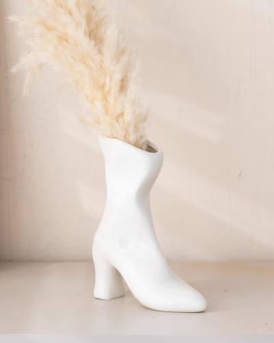 Ceramic Boot Vase for Modern Home Decor,7.9" High Heel Bootie Flower Vase,Quirky Funky Aesthetic Room Decor,Trendy Coffee Table Centerpiece for Women(White) - color: White