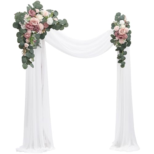 Floroom Arch Flowers with Drapes Kit (Pack of 4) - 2pcs Artificial Dusty Rose & Blush Floral Swag Arrangement with 2pcs Draping Fabric for Wedding Ceremony Arbor and Reception Backdrop Decoration - color: Dusty Rose & Blush