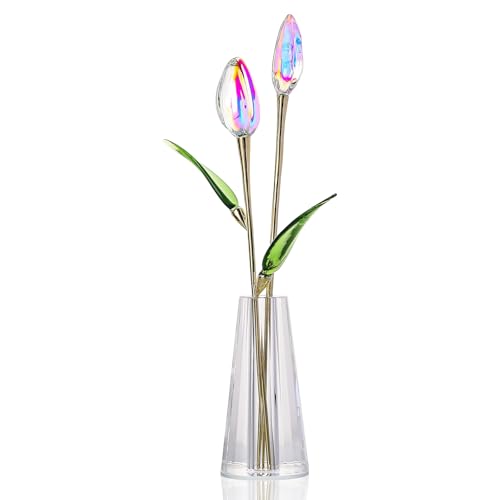 LONGWIN Crystal Tulips Flower Figurine Collectible with Vase Glass Spring Bouquet Flowers with Stem Home Decor Gift for Women Mom - color: Long - Ab Coated