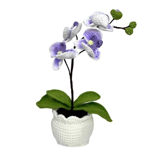 Handmade Crochet Phalaenopsis Orchid Potted Plants Knitted Artificial Orchid Phalaenopsis Flowers with Exquisite Pot for Home Office Wedding Table Centerpiece Decoration,Purple - color: Purple