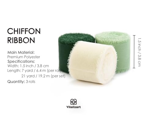 Vitalizart Handmade Chiffon Silk Ribbon Fringe Green & Cream 1.5" x 21 Yd Frayed Edges Ribbons for Wedding Invitations Bridal Bouquets Gifts Wrapping Crafts Holiday Party Decorations - color: Cream & Green