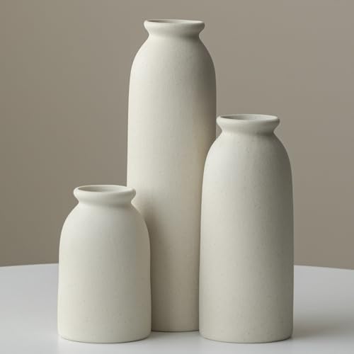 Ceramic Vase Set-3, 10.3 Inch Tall Flower Vases for Decor, Modern Boho Farmhouse Style, Decorative Vases for Pampas Grass & Dried Flowers, Distressed Finish (L Beige) - color: L Beige