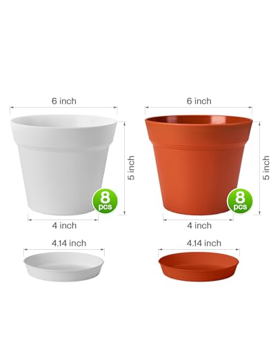 homenote Plant Pots,6 Inch Flower Pots for Plants Plastic Planters for Indoor with Multiple Drainage Holes and Trays, for All Home Garden Flowers Succulents,Outdoor(White&Red,16 Pack) - color: White & Terra Cotta-16 Pcs, size: 6 Inch
