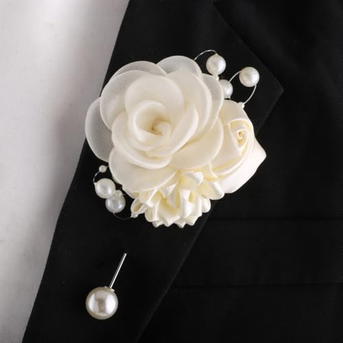 Wedding Prom Party Satin Rose Wrist Corsage Flower, 2Pcs Boutonniere and Wrist Corsage Wristband Roses Prom Flower Wedding Flowers Accessories Prom Suit Decorations (White) - color: White