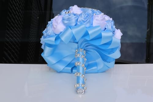 Light Blue and White Bridal Wedding Bouquet with Bling Snowflake Brooch Rhinestone Pearl Satin Rose Flower Bouquet for Bride Bridesmaid Quinceanera Wedding Light Blue and White 7.5in - color: Light Blue & White(silver Snowflake), size: Diameter: 7.5 inche