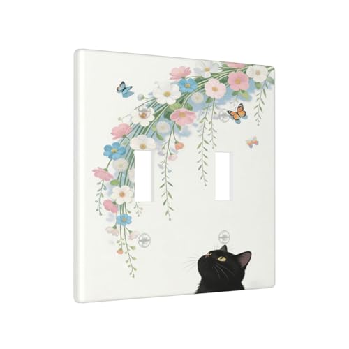 Decorative Art Light Switch Covers Black Cat Hanging Blooms 2 Gang Double Toggle Wall Plate Decorative Switchcover Electrical Switchplate for Home Decor - color: Black Cat Hanging Blooms, size: 2-Gang Toggle / 5 x 4.9 IN
