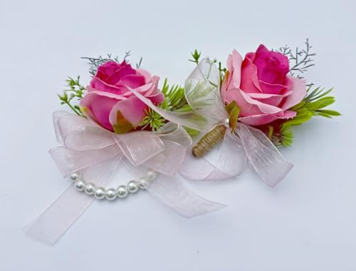 Rikyo Rose Wrist Corsage Wristlet Band and Men Boutonniere Set, Corsage for Prom,Bride Hand Flower,Wedding Flowers Ceremony,Wedding Party Prom Decor,Handmade Petals Hair Hat Wreath (Deep Pink) - color: Deep Pink