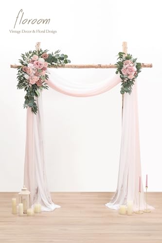 Floroom Arch Flowers with Drapes Kit (Pack of 4) - 2pcs Artificial Dusty Rose & Blush Floral Swag Arrangement with 2pcs Draping Fabric for Wedding Ceremony Arbor and Reception Backdrop Decoration - color: Dusty Rose