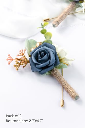 Boutonniere for Men Wedding, Groom Groomsman Artificial Rose Flowers for Wedding Anniversary Celebration,Prom,Party,Home Decoration Set of 2 (Navy Blue) - color: Navy Blue