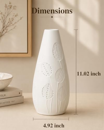 TACAHE Ceramic Vase Table Lamp, 2700K Bulb & 3 Artificial Flowers Included, E12 Socket, Inline Switch, Handmade Openwork Craft, Ambient Light for Living Room Bedroom - Tulip 11" - style: Tulip