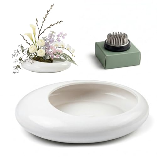 Ikebana Bowl Kit - Ikebana Vase (Japanese Flower Bowl Vase) with 1.8'' Floral Frog, Ikebana Set for Japanese Flower Arrangement (White, 1.8'' Floral Frog Included) - color: White, size: 1.8'' Floral Frog Included