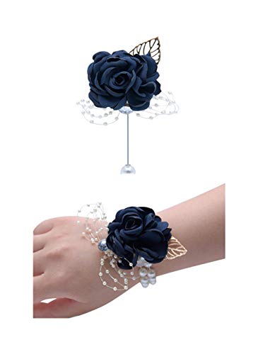 Rose Wedding Wrist Corsage and Boutonniere Set Party Prom Hand Ribbon Flower Suit Decor (Dark Blue) - color: Dark Blue