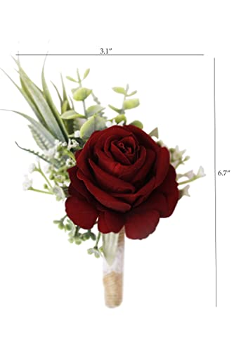 Ansofi Set of 6 Wine Red Boutonniere for Best Men Groom Groomsmen Burgundy Buttonholes for Wedding Party Prom Decoration
