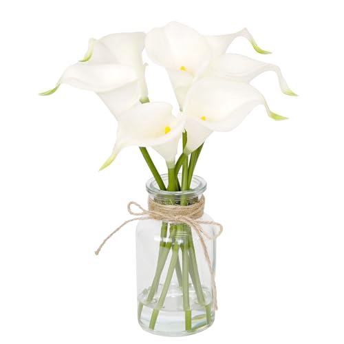 Muhanjia Artificial Flowers Calla Lily in Glass Vase with Faux Water,7Pcs Artificial Flower Real Touch Latex Flowers for Centerpiece Table Decorations Counter Decor(White Calla Lily)