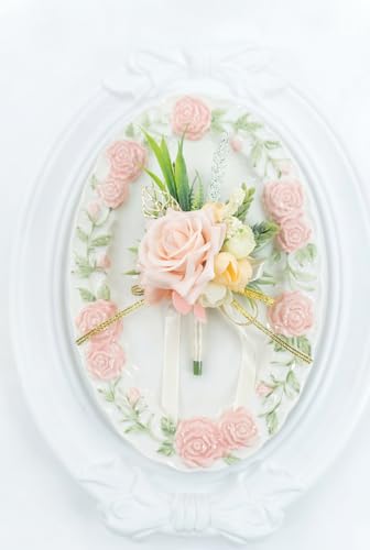 2 Pcs Wrist Corsage and Boutonniere Set, Blush Pink Corsage for Wedding, Boutonniere for Men Artificial Rose Flower Wristlet Bracelet Prom Ceremony Anniversary Accessories Decor Suit - color: Blush Pink