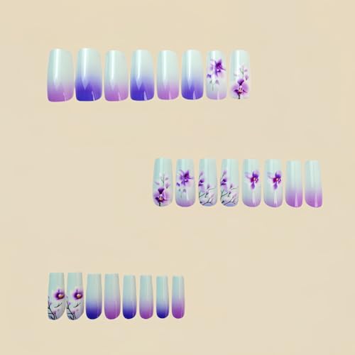 Flower Press on Nails Medium Square Fake Nails Purple False Nails with Gradient Designs Floral Glossy Stick on Nails Beautiful Glue on Nails Spring Acrylic Nails for Women Girls 24 Pcs - color: Flower Square29