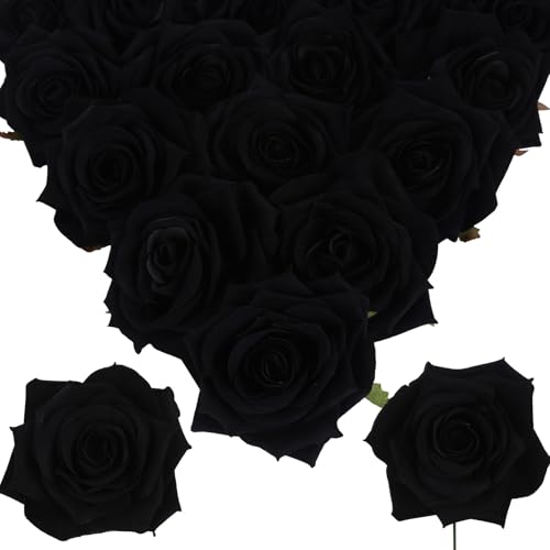 Artificial Roses 16pcs Velvet Black Roses Artificial Flowers 3.94" Fake Black Roses for Wedding Flowers Black Rose Decor for Centerpieces Home Party Decor (Black) - color: 3.94" Black