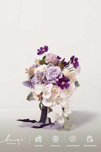 Ling's moment Wedding Artificial Flowers Package, Bridal Bouquet, Bridesmaid Bouquets, Boutonniere for Men, Rose Petals.Sage Orchid Purple Cream - color: Prpl-sage Orchid & Purple Cream