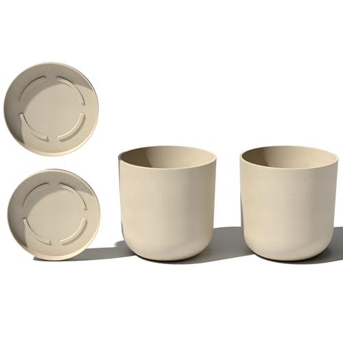Veradek Mason Series Lima Planter - Round Planter for Indoor or Outdoor Porch/Garden | Made from Plastic-Stone Composite with Drainage Holes | Modern Décor for Succulents, Flowers, Small Plants - color: Sand, size: 15 inches - 2 Pack with Saucers