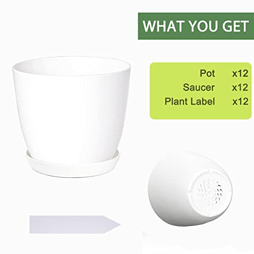 SwinDuck Plant Pots, 12 Pack 6 inch Modern Plastic Planters with Drainage Holes and Saucers for Indoor Outdoor Plants and Flowers, White - color: White