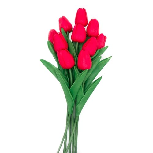 Red Flowers Fake Tulips Artificial Flowers, 13 Inch Real Touch PU Flowers for Decoration, 10 Pcs Tulip Flowers Bouquet for Vase, Mother's Day Easter Valentines Gifts - color: Red
