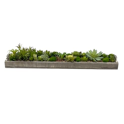 Galt International Faux Assorted Succulent in 31" Wood Tray w/Handles w/Brown Rocks | Grey Wood Tray, Artificial Green Moss, Dining Coffee Table Centerpiece (Updated 2026 Packaging) - color: Brown Rocks