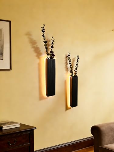 Artificial Eucalyptus with LED Lights Wall Planters Rustic Wall Decor with Lights Fake Vines for Home Decor Bedroom Living Room Bathroom Hanging Vase for Dried Flowers Faux Plants (Black)