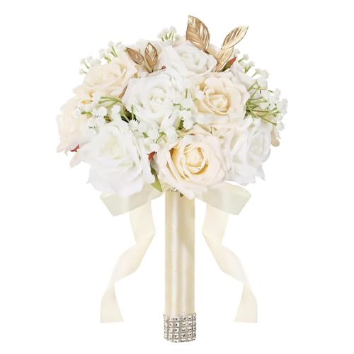 Wedding Bouquets for Bride & Bridesmaid, 9 Inch Artificial Rose Bridal Bouquet, Ivory White & Champagne Silk Flowers for Wedding Ceremony, Church, Party Decoration (White Champagne) - color: White Champagne