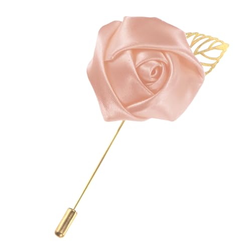 M METERXITY 1-Pack Flower Lapel Pins for Men, Golden Leaf Rose Boutonnieres Pin Groom Boutonnieres for Wedding/Dance/Party, Men Lapel Pins for Suits Satin Flower Corsage [Korean Pink] - color: Korean Pink
