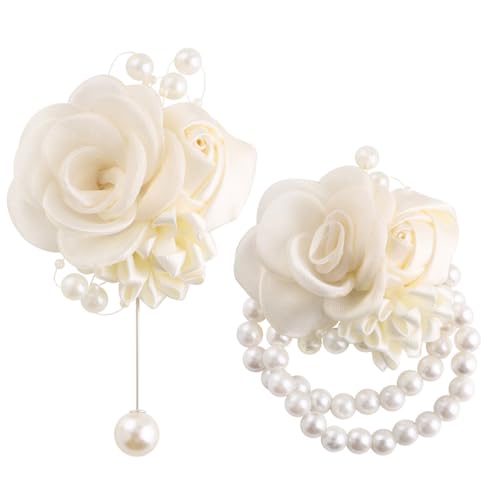 Wedding Prom Party Satin Rose Wrist Corsage Flower, 2Pcs Boutonniere and Wrist Corsage Wristband Roses Prom Flower Wedding Flowers Accessories Prom Suit Decorations (White) - color: White