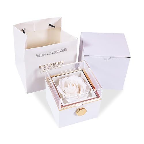 Rose Ring Box Jewelry Box Artificial Flowers Eternal Rose Box Anniversary Wedding Valentines Day Christmas Gifts for Mom Wife Girlfriend Women (White) - color: White