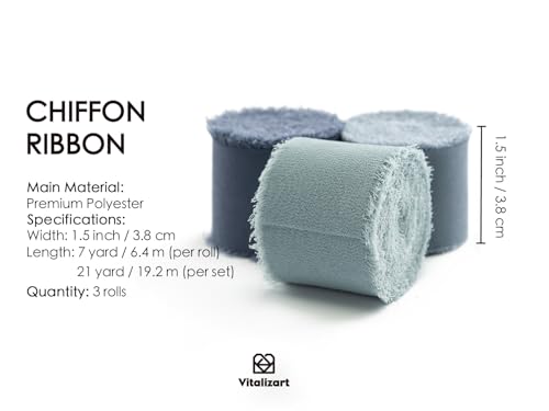 Vitalizart Dusty Blue Handmade Chiffon Silk Ribbon Fringe 1.5" x 21 Yd Frayed Edges Ribbons for Wedding Invitations Bridal Bouquets Gifts Wrapping Crafts Holiday Party Decorations - color: Dusty Blue