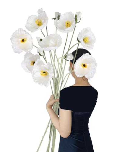 Poppy Flowers Artificial,6PCS Faux White Poppies 41.3in Long Stem Artificial Flowers for Tall Vase Wedding Party Office Decor(White) - color: White