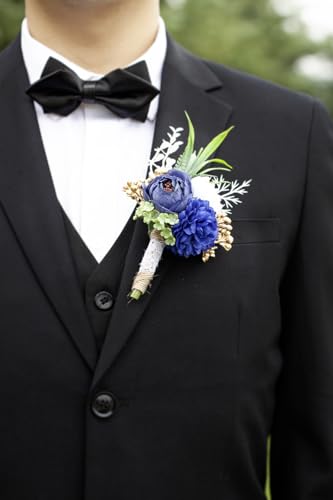 Ansofi Navy Blue Corsage and Boutonniere Set Artificial Rose Flower Wrist Corsage and Boutineers for Groom Groomsmen Bride Bridesmaids Prom Rustic Vintage Wedding Decor - color: Navy Blue