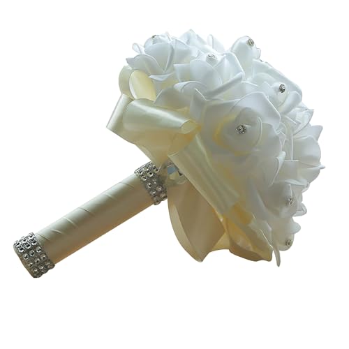 Wedding Bouquets for Bride, Bridal Flowers for Wedding, Bride Bridesmaid Hand Flowers Bridal Bouquet Crystal Diamond Silk Roses, Artificial Flowers Bouquet for Church Wedding Party (Beige) - color: Beige