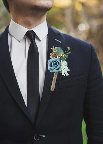 Boutonniere for Men Wedding, Groom Groomsman Artificial Rose Flowers for Wedding Anniversary Celebration,Prom,Party,Home Decoration Set of 2 (Dusty Blue) - color: Dusty Blue