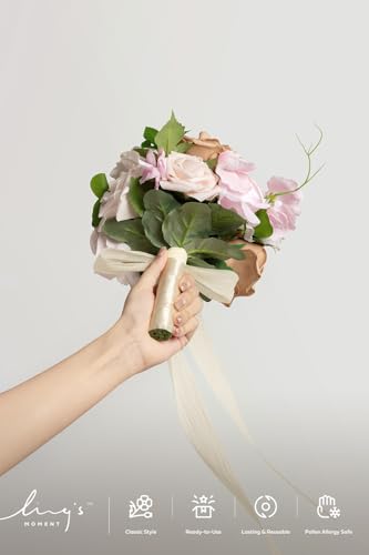 Ling's moment Pink Artificial Wedding Flower Bouquets for Bridesmaids Blush Floral Bouquet Bridal Bouquets for Bridesmaids with Ribbon Ceremony Anniversary,7-inch Diameter - color: Pk-sand Beige