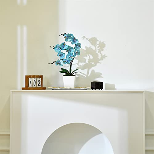 15 Inches Tall Artificial Silk Phalaenopsis Orchid Flower Plant Pot Teal Arrangements (Golden Blue) - color: Golden Blue