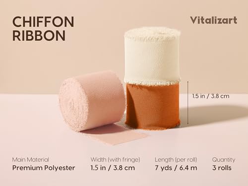 Vitalizart Fall Handmade Chiffon Silk Ribbon Fringe 1.5" x 21 Yd Terracotta Cream Frayed Edges Ribbons for Wedding Invitations Bridal Bouquets Gifts Wrapping Crafts Holiday Party Decorations - color: Terracotta & White