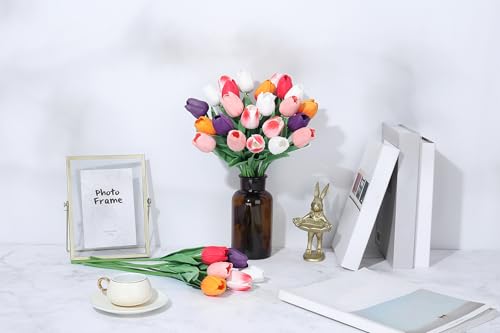 SITUMEIZI Fake Flowers Tulips Artificial PU Flower 15pcs Real Touch 14" for Spring Easter Home Kitchen Wedding Bouquet Bulk Mother's Gift Day Decorations(Multicolor,6) - color: Red,purple,rose Red#,pink,white,sunset Red