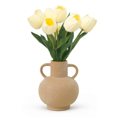 Fake Artificial Tulip Flowers in Ceramic Vase,13" Real Touch Tulip Flowers Spring Décor for Table Centerpiece Home Farmhouse Resto Wedding Decoration（Yellow） - color: Yellow