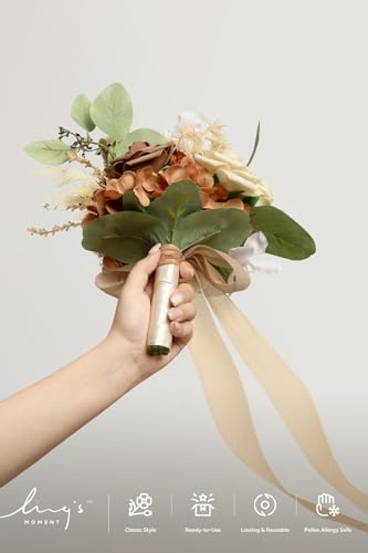 Ling's moment Brown Artificial Wedding Flower Bouquets for Bridesmaids Boho Floral Bouquet Bridesmaids Bouquets with Ribbon Ceremony Anniversary,7-inch Diameter - color: Brn-beige Brown