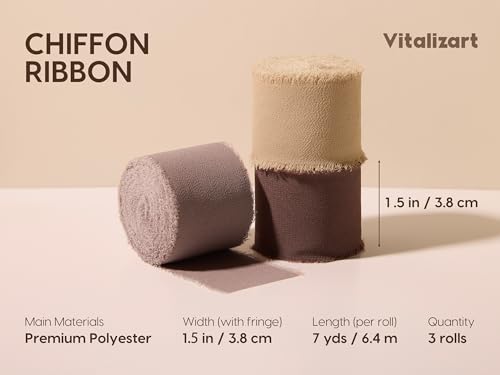 Vitalizart Brown Handmade Chiffon Silk Ribbon Fringe 1.5" x 21 Yd Brown & Nude Frayed Edges Ribbons for Wedding Invitations Bridal Bouquets Gifts Wrapping Crafts Holiday Party Decorations - color: Brown & Nude