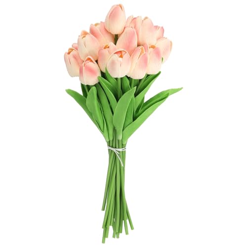 uxcell 20pcs Tulips Artificial Flowers, Faux Flowers Silk Fake Tulip Stems Real Touch for Wedding Bouquet Centerpiece Table Party Decoration(Peach Pink) - color: Peach Pink