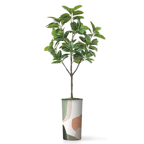 Artificial Tree in Multicolor Textured Geometric Shapes Illustrations Planter, Fake Magnolia Tree for Indoor and Outdoor Home Decoration - 70" Overall Tall (Plant Pot Plus Tree) - style: Magnolia Tree